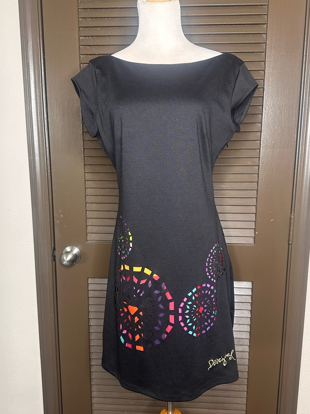 DESIGUAL | Black Short Sleeve Dress with Colorful Lasercut Circles